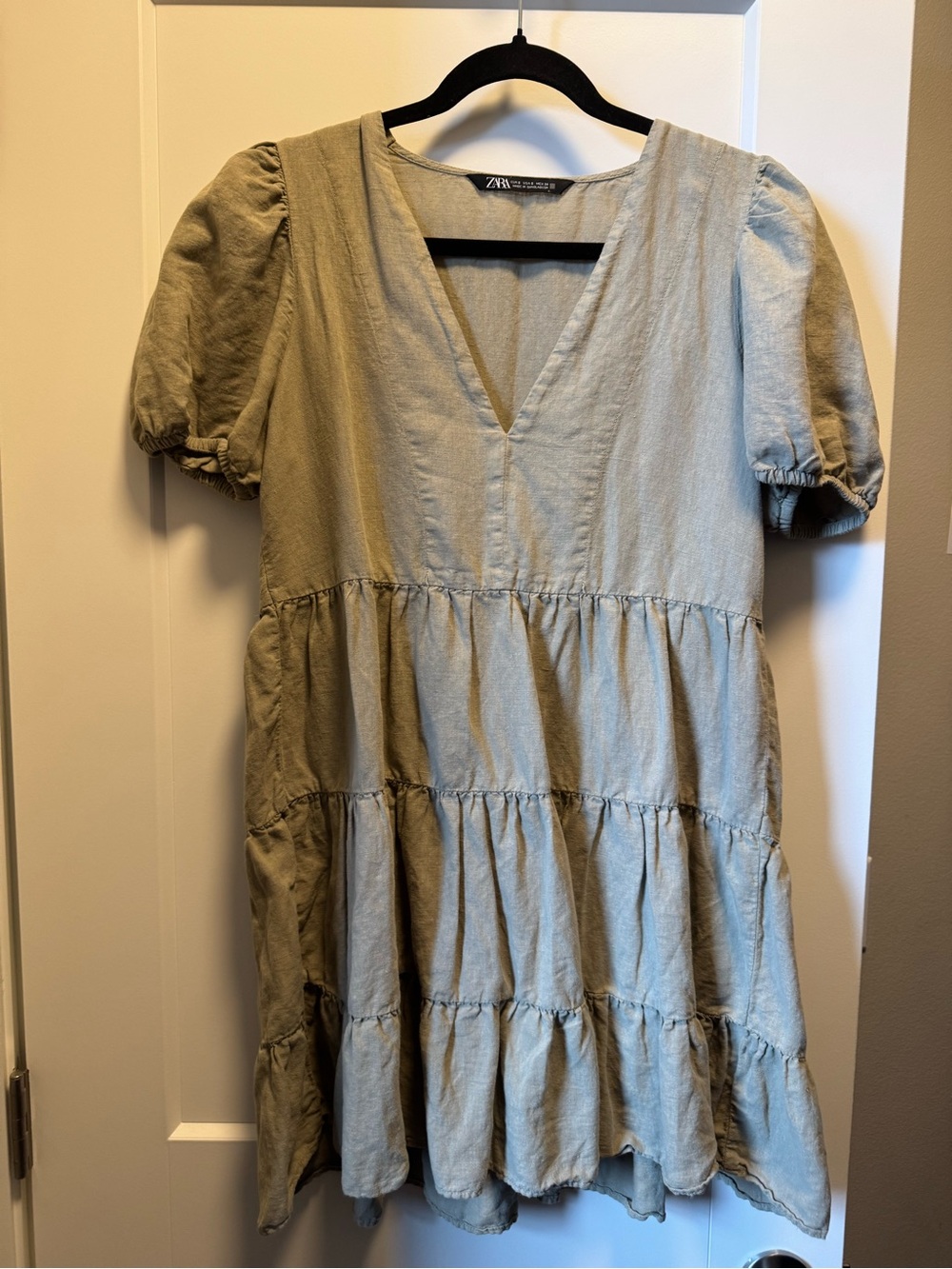 ZARA Olive Green Tiered V-Neck Puff Sleeve Mini Dress